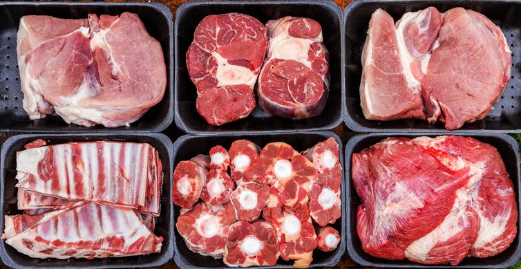 <span class="caption">Cut out red meat and dairy, say experts. But is it getting through to people?</span> <span class="attribution"><a class="link " href="https://www.shutterstock.com/image-photo/different-types-raw-meat-plastic-boxes-485926792" rel="nofollow noopener" target="_blank" data-ylk="slk:Sandro Pavlov/Shutterstock;elm:context_link;itc:0;sec:content-canvas">Sandro Pavlov/Shutterstock</a></span>