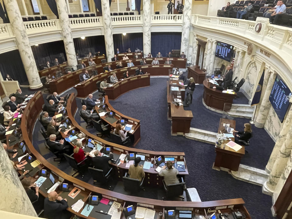 FILE - In this March 9, 2021, file photo, House members meet in the Statehouse, in Boise, Idaho. Mainstream and far-right Republicans are battling for control of the party and the state in the deeply conservative state. (AP Photo/Keith Ridler, File)