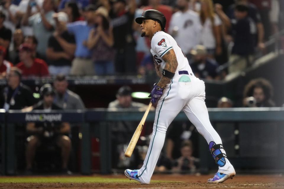 Arizona Diamondbacks second baseman Ketel Marte (4) watches his walk-off single against the Philadelphia Phillies in game three of the NLCS of the 2023 MLB playoffs at Chase Field in Phoenix on Oct. 19, 2023.