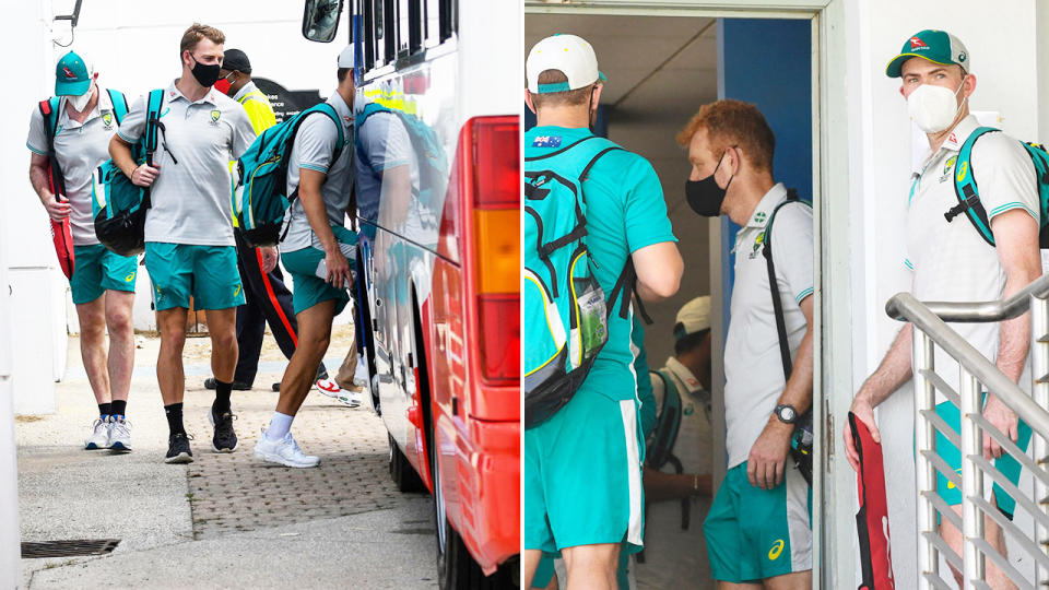 Aussie players, pictured here being rushed back to their hotel after the second ODI was abandoned.