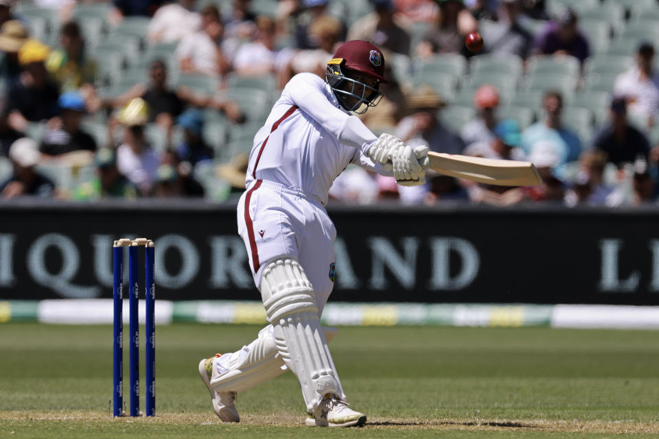 West Indies' Shamar Joseph hits a 6 as he bats against Australia on the first day of their cricket test match in Adelaide, Australia, Wednesday, Jan. 17, 2024. (AP Photo/James Elsby)