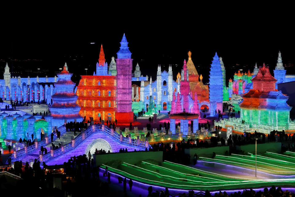 Ice sculptures illuminated by colored lights are seen at the annual ice festival in the northern city of Harbin, Heilongjiang province, in China on Jan. 4, 2019. (Photo: Tyrone Siu/Reuters)