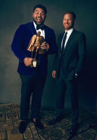 <p>Todd Rosenberg/Getty</p> Cameron Hayward (L) of the Pittsburgh Steelers poses for a portrait after winning the Walter Payton Man of the year with Prince Harry, Duke of Sussex at the 13th Annual NFL Honors on February 8, 2024 in Las Vegas