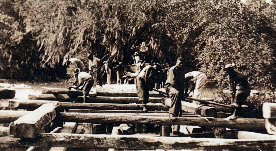 CCC workers construct a bridge at Myakka River State Park ca. 1937.