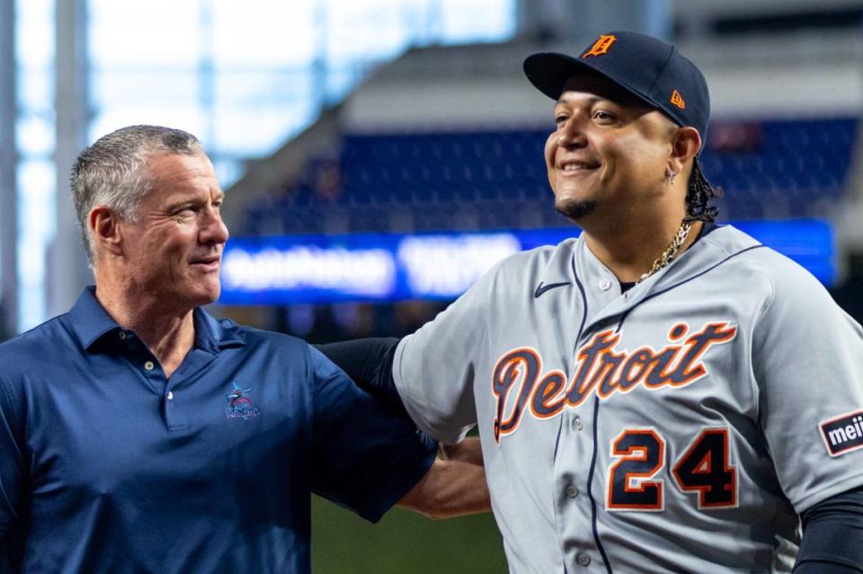 Detroit Tigers designated hitter and former Florida Marlins player Miguel Cabrera (24) reacts alongside Jeff Conine during a pregame ceremony celebrating Cabrera’s career before an MLB game at loanDepot park in the Little Havana neighborhood of Miami, Florida, on Friday, July 28, 2023.