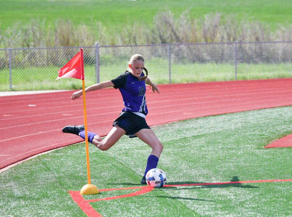 Rye junior Sydney Adamson fires a corner kick towards the net in the Thunderbolts' 5-3 win over visiting Alamosa Tuesday, May 25, 2021.