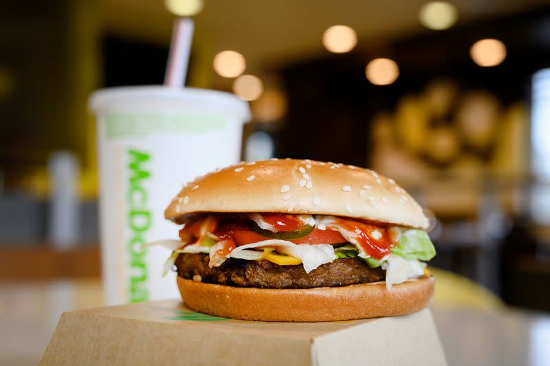 A McDonald's "PLT" burger with a Beyond Meat plant-based patty at one of 28 test restaurant locations in London, Ontario