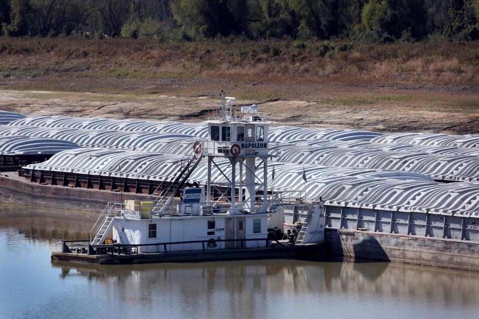 A barges stranded by low water along the Mississippi River on October 20, 2022 in Rosedale, Mississippi.