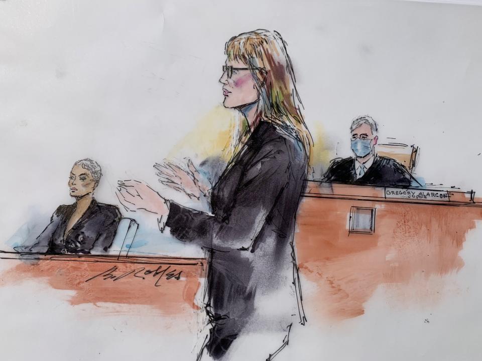 In this courtroom artist sketch, Los Angeles Superior Court Judge Gregory W. Alarcon sits in court in Los Angeles, Tuesday, April 19, 2022. A jury has been seated in the trial that pits model and former reality television star Blac Chyna against the Kardashian family, who she alleges destroyed her TV career. (Bill Robles via AP)