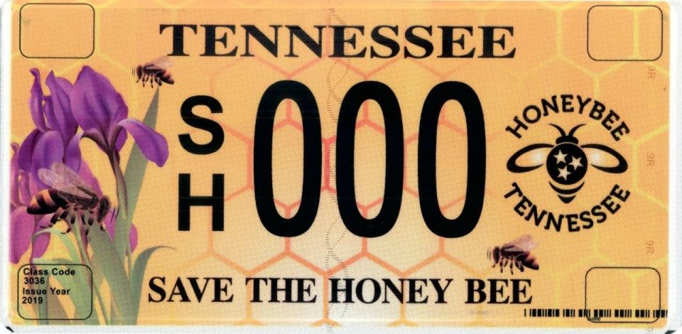 The "Save the Honey Bee" specialty license plate offered in Tennessee, which was created by Lebanon beekeeper Jessica Dodds-Davis, founder of nonprofit Honeybee Tennessee