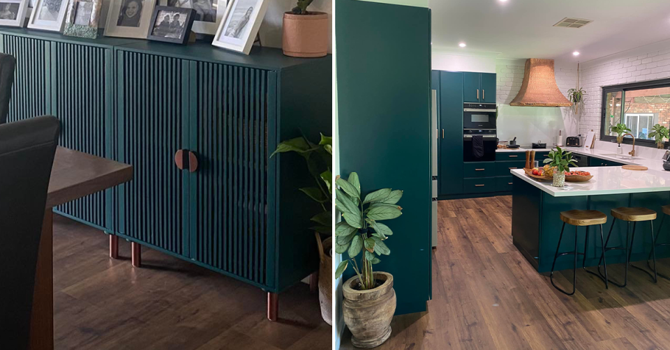 A woman purchased items from Kmart and Bunnings to make a custom sideboard to match her kitchen. Photos: Facebook