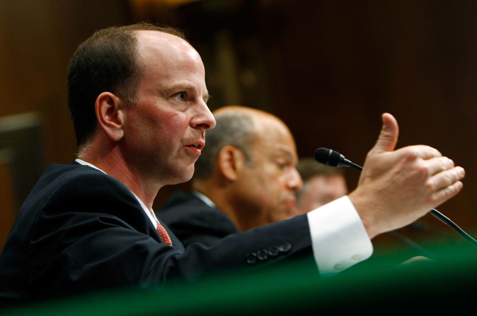 Assistant Attorney General David Kris, left, of the Justice Department's National Security Division testifies with Jeh Johnson, the Defense Department's general counsel, before the Senate Armed Services Committee in July 2009.