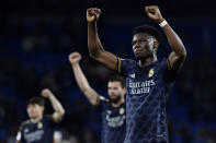 Real Madrid's Aurelien Tchouameni celebrates after the Spanish La Liga soccer match between Real Sociedad and Real Madrid in San Sebastian, Spain, Friday, April 26, 2024. (AP Photo/Alvaro Barrientos)