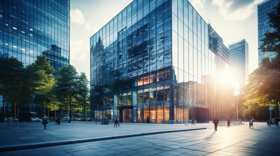 An exterior view of a modern office building in the heart of a central business district.