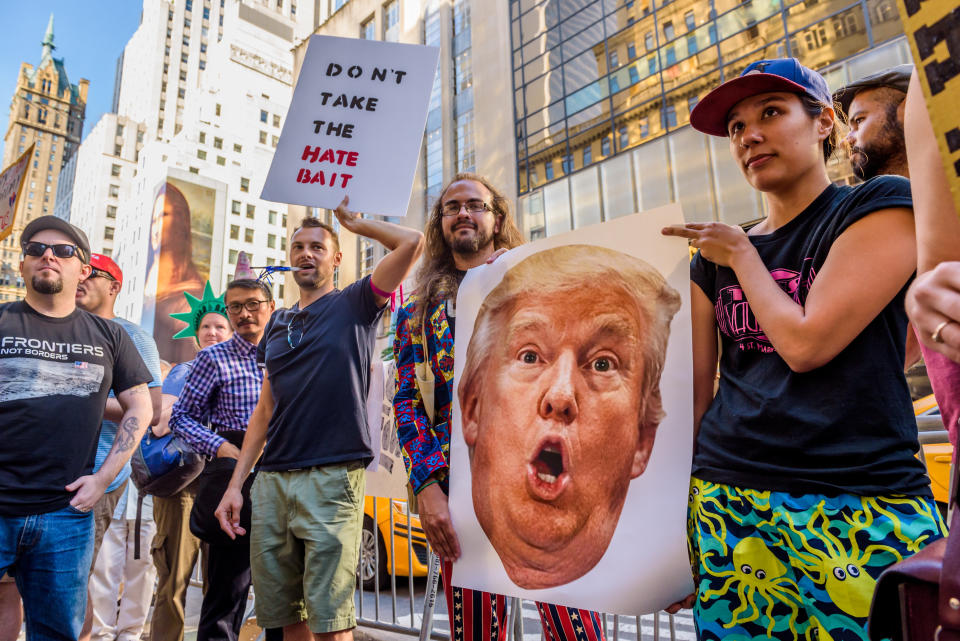 People protest Donald J. Trump's 71st birthday, in New York City on June 14, 2017. Hundreds of people gathered outside Trump Tower for a #SadBirthday party, celebrating the ongoing resistance to his presidency.(Photo by Erik McGregor) *** Please Use Credit from Credit Field ***