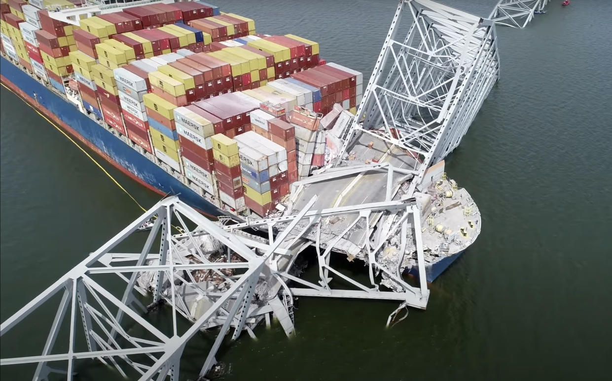 The cargo ship Dali is stuck under part of the Francis Scott Key Bridge.