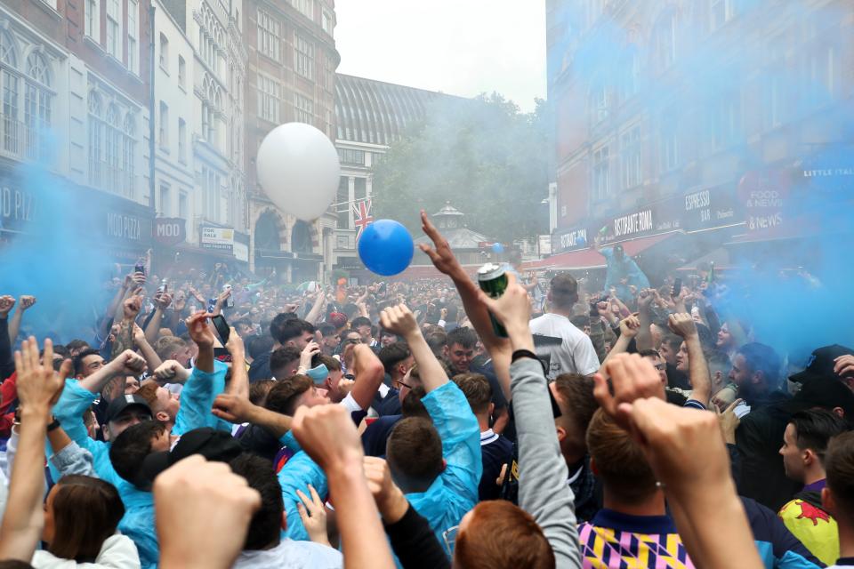 Scotland fans gather in Leicester Square before the UEFA Euro 2020 match between England and Scotland later tonight (PA)