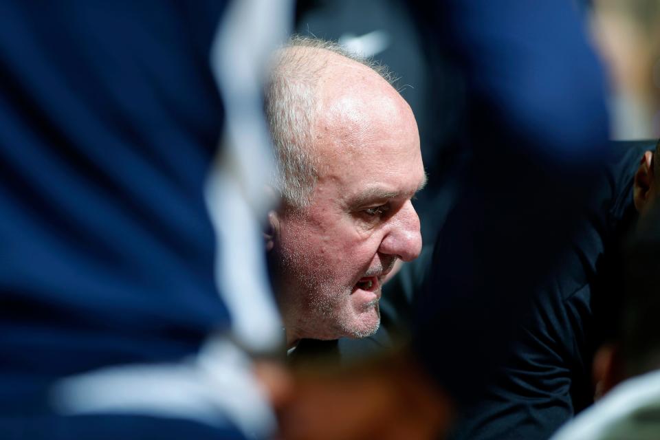 Butler coach Thad Matta talks to the team during a timeout in the first half of an NCAA college basketball game against Michigan State, Friday, Nov. 17, 2023, in East Lansing, Mich. (AP Photo/Al Goldis)