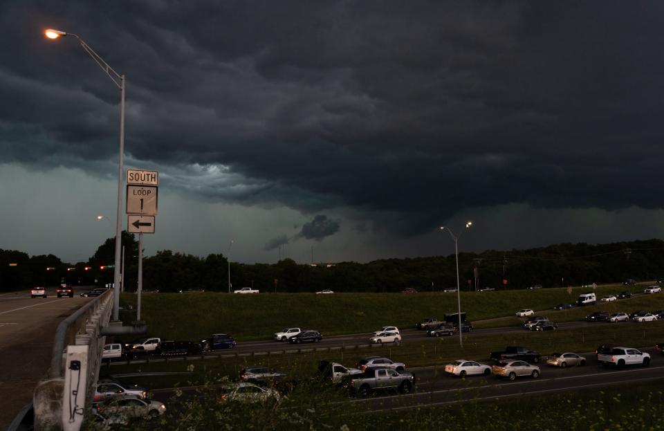 A thunderstorm rolls in over South MoPac Expressway during rush hour in Austin, April 28, 2023. 