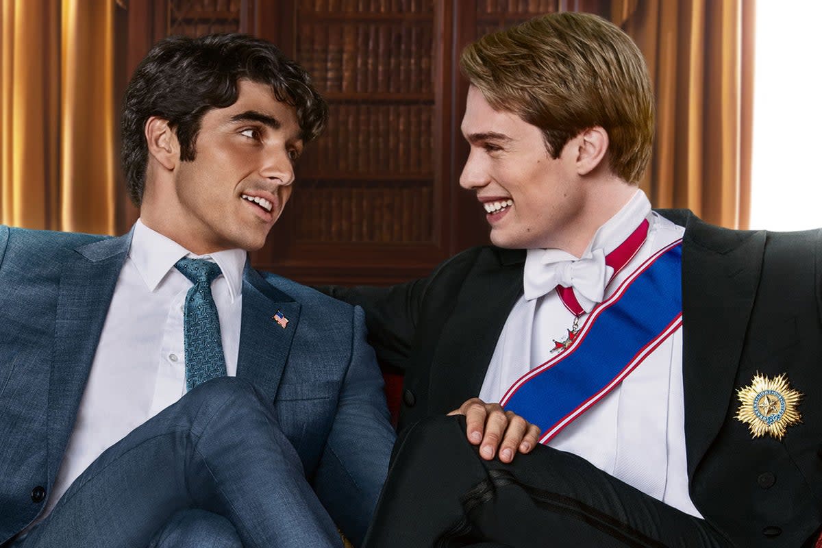 Taylor Zakhar Perez as Alex Claremont-Diaz and Nicholas Galitzine as Prince Henry star in the film adaptation of Red, White & Royal Blue  (Amazon Prime Video)