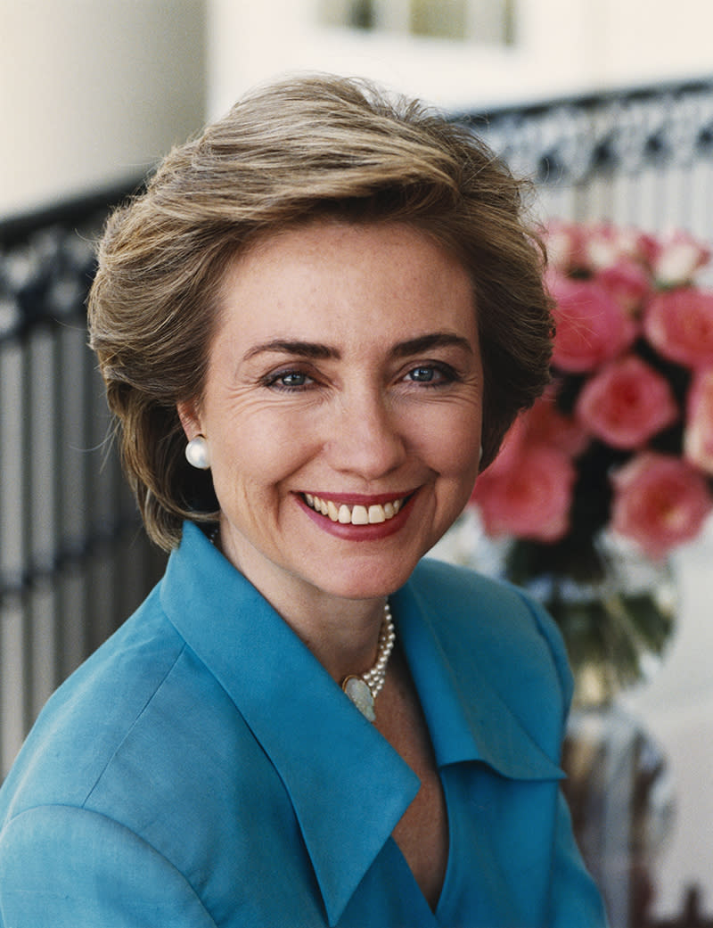 Hillary Clinton wearing a teal jacket in her official portrait as first lady on June 24, 1993