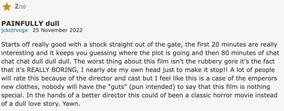 2 star IMDB review for "Bones And All"