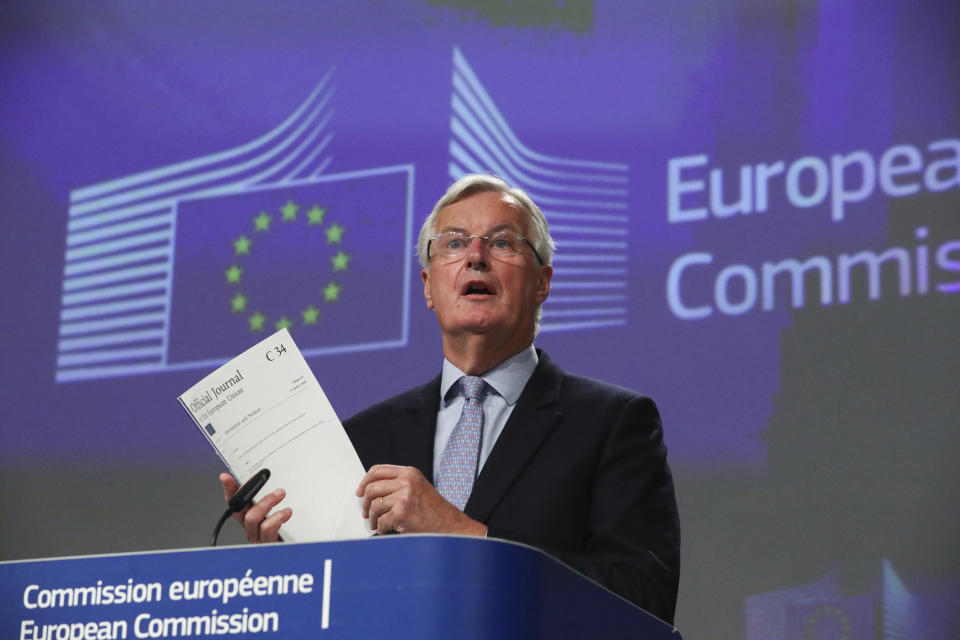 European Union's chief Brexit negotiator Michel Barnier gives a news conference after Brexit talks, in Brussels, Belgium, Friday, June 5, 2020. (Yves Herman, Pool Photo via AP)