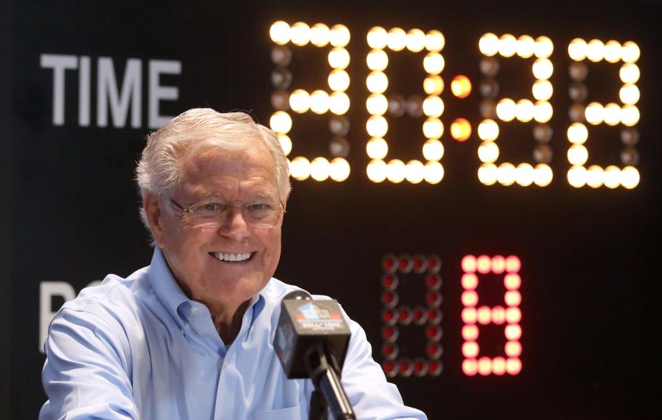 Dick Vermeil speaks to the media at the Pro Football Hall of Fame in Canton on Wednesday, April 6, 2022. Vermeil is a member of the Class of 2022.