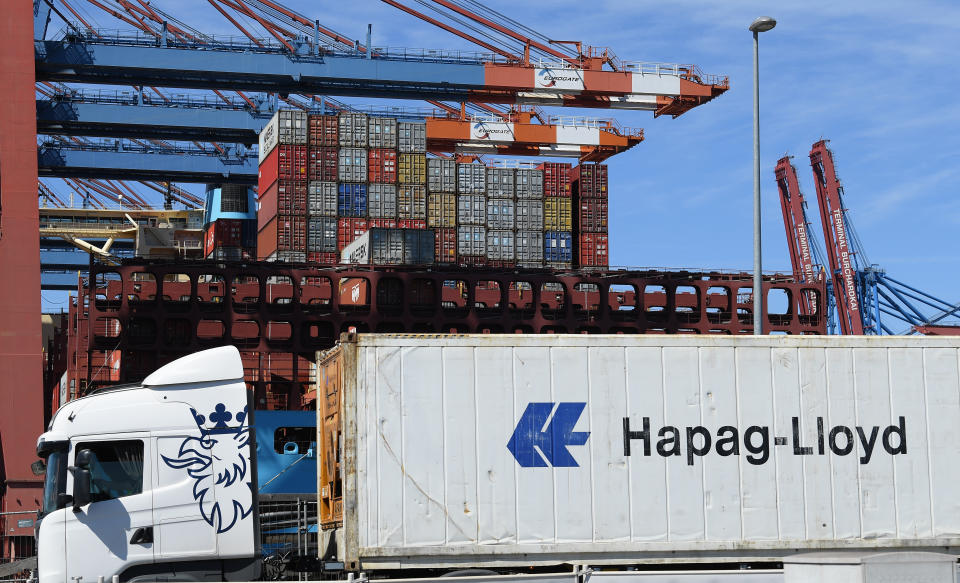 HAMBURG, GERMANY - MAY 06: Containers wait to be moved at Hamburg Port, Germany's biggest container port, on May 6, 2020 in Hamburg, Germany. The economic forecast for the Eurozone has worsened, due to consequences of the novel coronavirus Covid-19 pandemic, with the European Commission predicting a drop of 7.75% in EU-wide economic output for the year. The Commission expects a strong rebound for 2021. (Photo by Stuart Franklin/Getty Images)