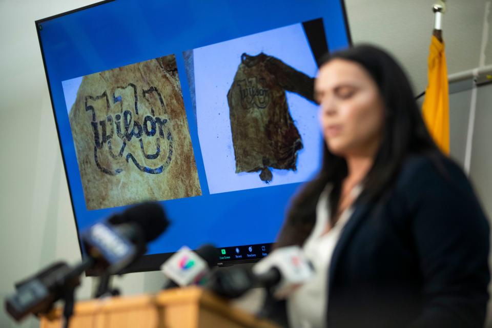 Detective Melissa Agullo presents evidence during a Doña Ana County Office news conference about the identity of the Upham girl on Tuesday, Aug. 9, 2022.