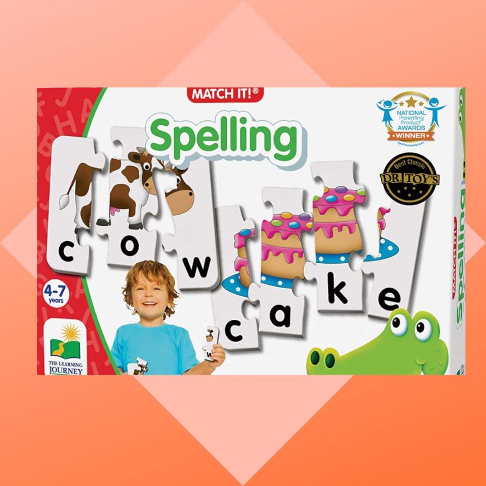 Help to strengthen early reading skills with this fun and engaging puzzle. It can help with letter recognition, spelling and even word formation. The images give kids context clues about the word they are putting together and encourage their problem-solving skills.You can buy the spelling puzzle with matching images from Amazon for around $11. 