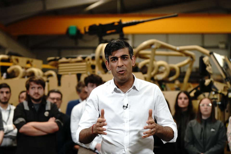 Prime Minister Rishi Sunak speaks at a Q&A during his visit to defence vehicle manufacturer Supacat in Exeter, Devon while on the General Election campaign trail. Picture date: Wednesday May 29, 2024. (Photo by Aaron Chown/PA Images via Getty Images)
