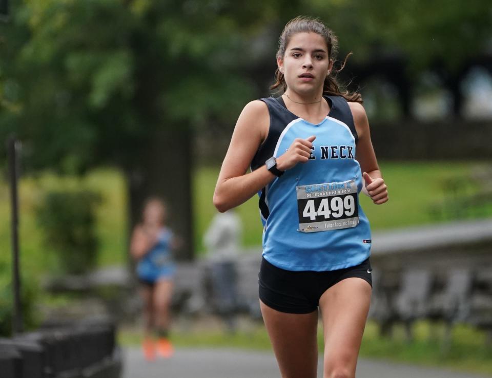 Rye Neck's Ainara Schube Barriola leads the Girls Varsity B 3-mile run at the Suffern Invitational at Bear Mountain State Park in Tomkins Cove on Saturday, September 23, 2023.