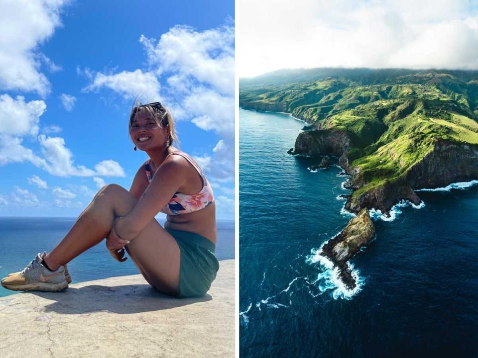 A side by side of a woman sitting in front of the ocean and an aerial view over Maui, Hawaii