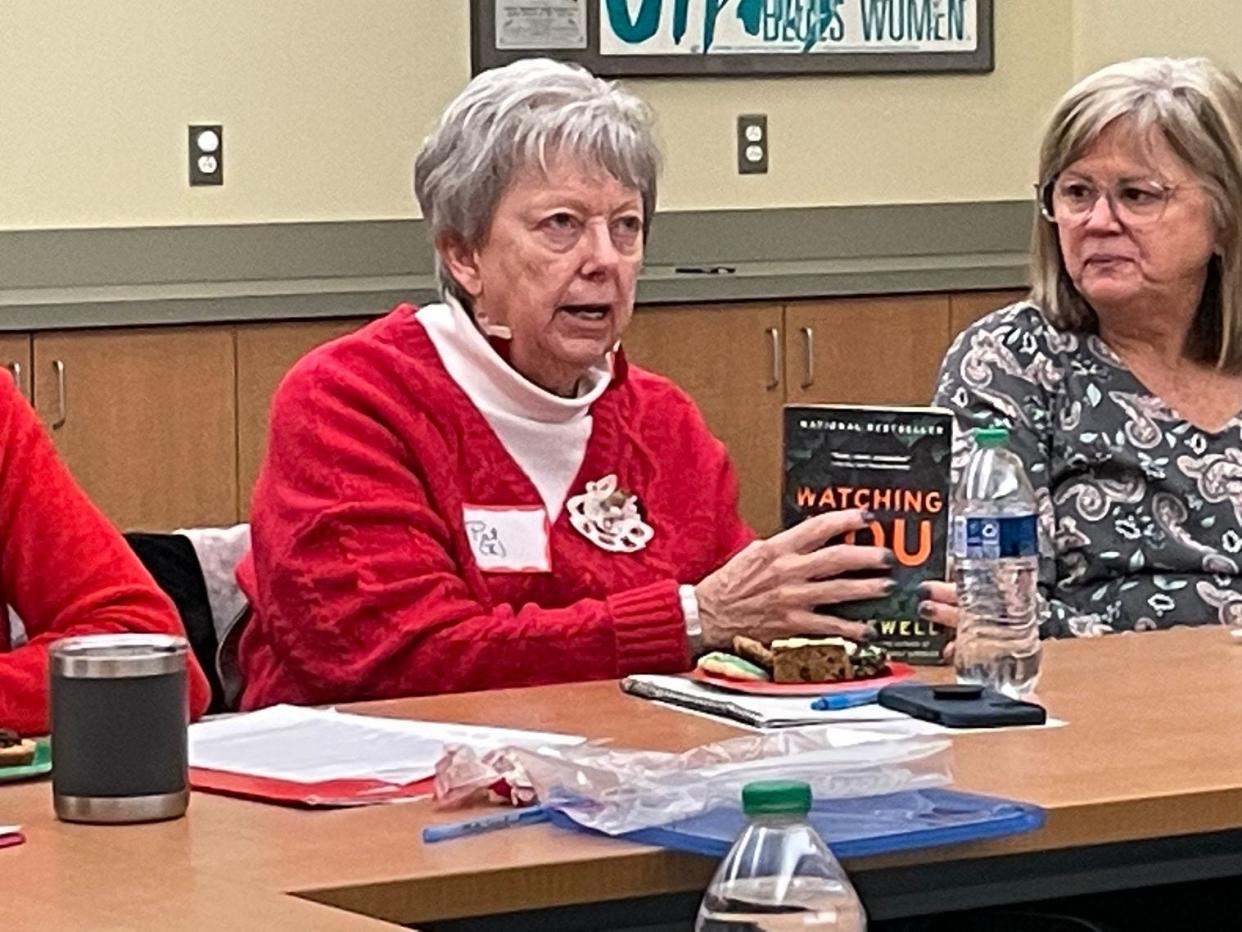 Pat Malotke of Sylvania, Ohio, a member of the I Love a Mystery Book Club, talks about “Watching You” at the most recent meeting of the club.
“I love talking about books,” the retired teacher said.