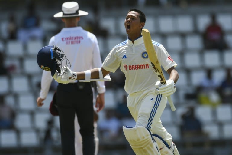 Yashasvi Jaiswal of India celebrates his century (Randy Brooks)