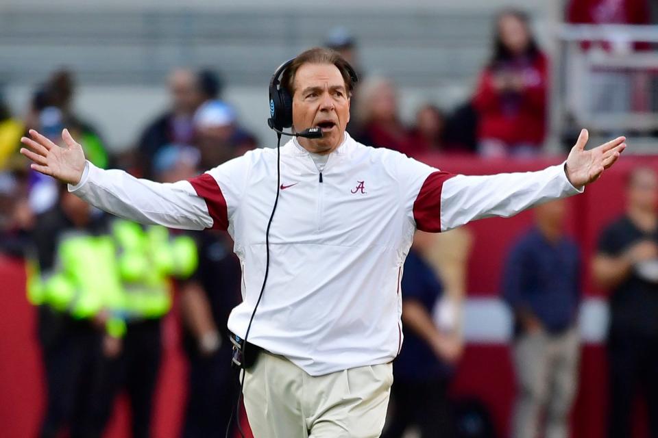 FILE - In this Nov. 9, 2019, file photo, Alabama coach Nick Saban reacts during the first half of the team's NCAA college football game against LSU in Tuscaloosa, Ala. Alabama allowed 18.6 points per game nationally last season, good enough for 13th nationally. But itâ€™s still the most the Tide has given up since 2007, Sabanâ€™s first year in Tuscaloosa. (AP Photo/Vasha Hunt, File)