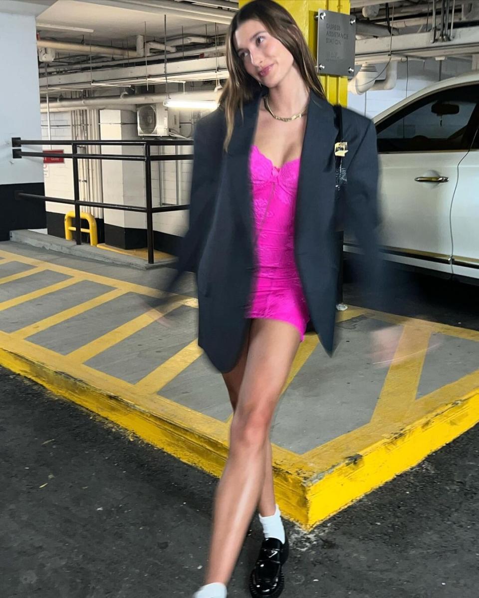 Hailey Bieber Instagram pink dress big blazer