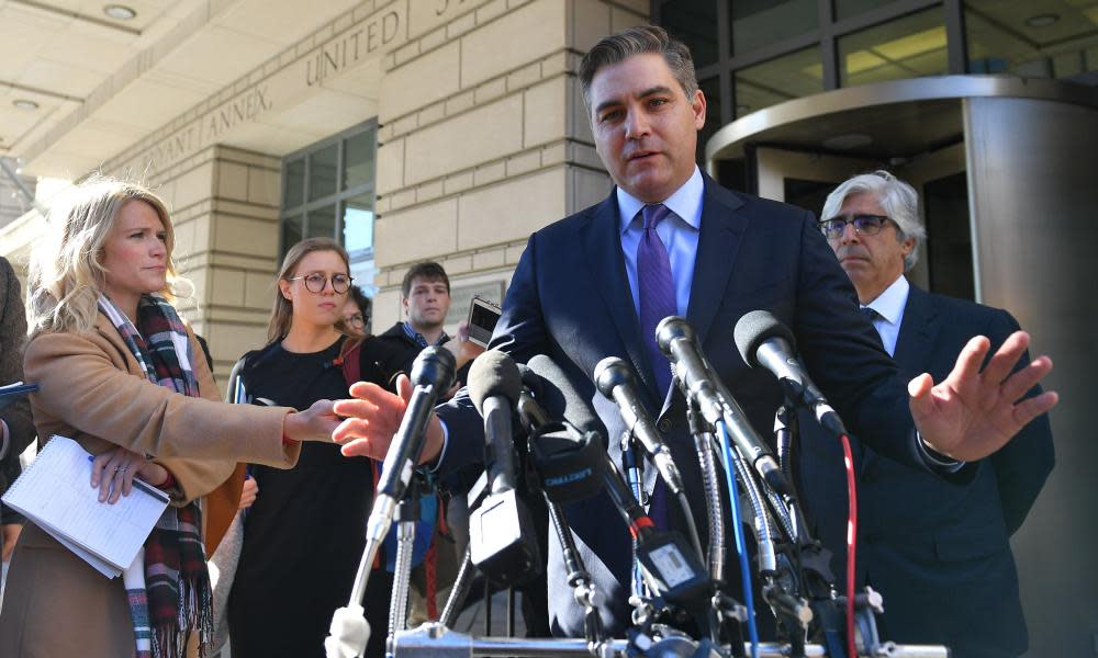 Battle lines … Jim Acosta outside Washington district court after the judge ordered the White House to reinstate his press credentials.