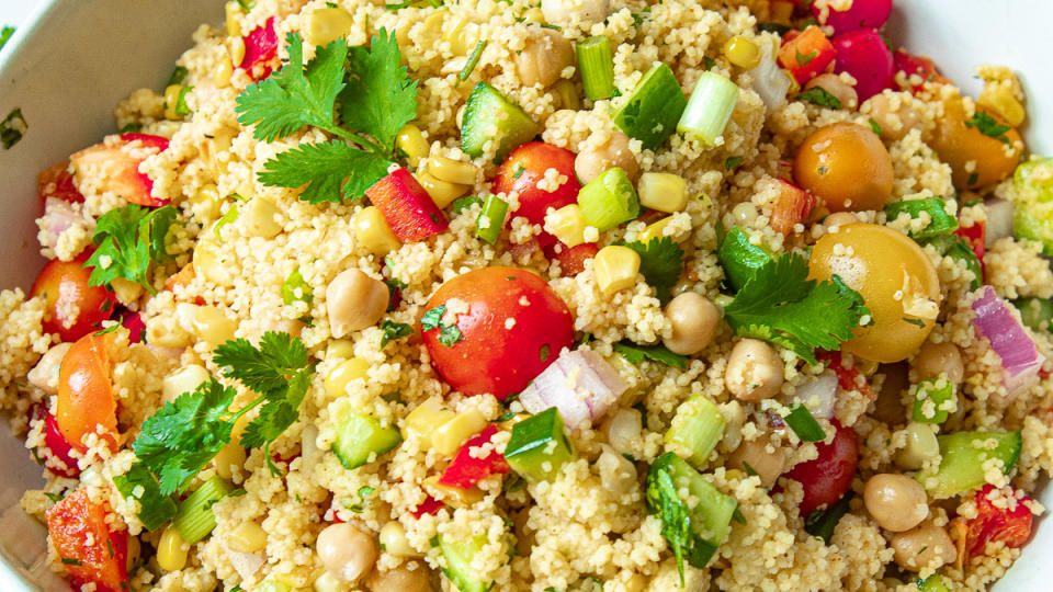 <p>Chenée Today</p><p>This is a bright vegan couscous salad with chickpeas, charred corn, and lots of fresh veggies! Perfect for a light spring or summer dinner!</p><p><strong>Get the recipe: <a href="https://cheneetoday.com/vegan-couscous-salad-with-charred-corn/" rel="nofollow noopener" target="_blank" data-ylk="slk:Vegan Couscous Salad;elm:context_link;itc:0;sec:content-canvas" class="link ">Vegan Couscous Salad</a></strong></p>