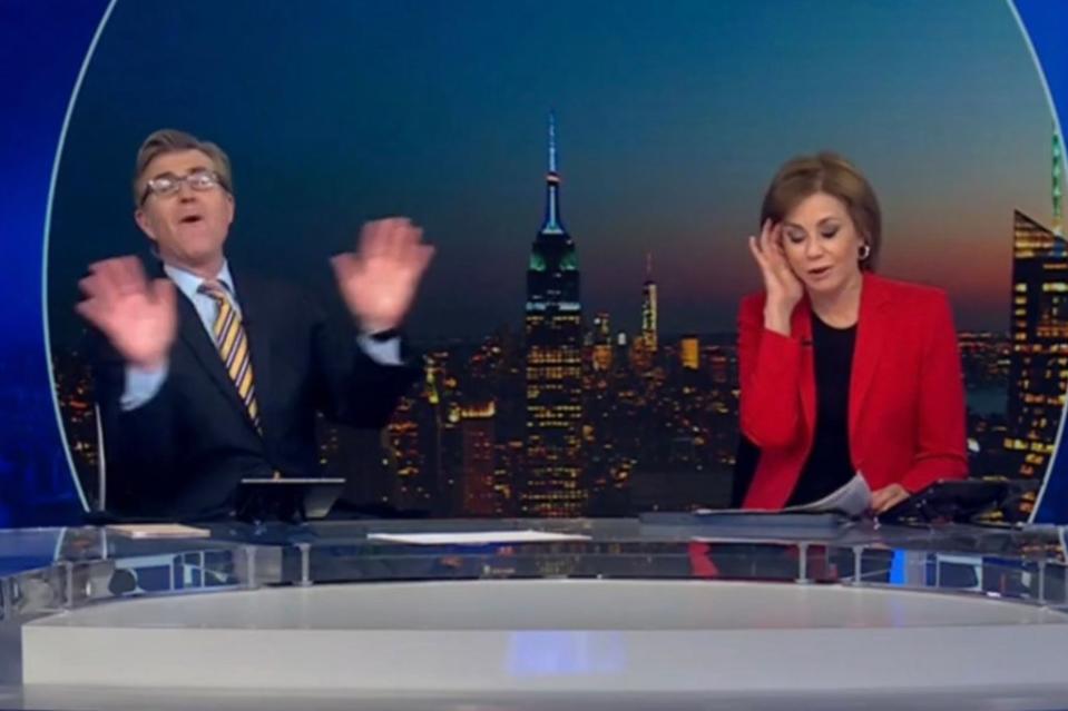 Tyler wipes tears from her eyes as co-anchor Dick Brennan shares a story about her during Wednesday night’s newscast. CBS News