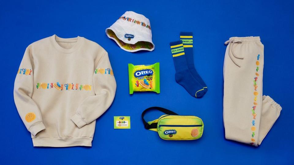 The Oreo x Sour Patch Kids merch collection includes a matching crewneck and joggers “snack suit” set, a bucket hat, socks, hair clips and a belt bag. Oreo
