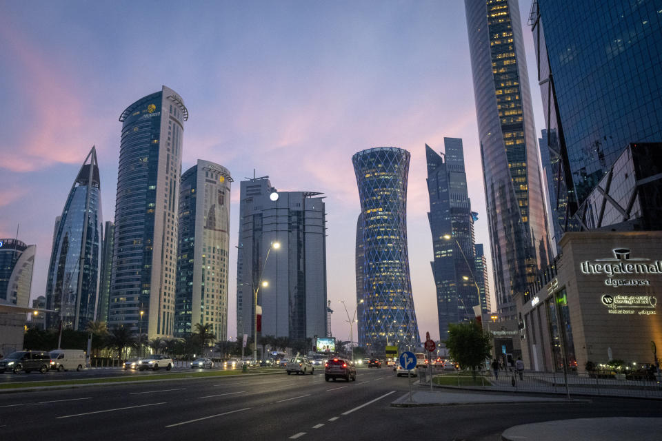 A view of hotels and other buildings at the West Bay area in Doha, Qatar, Thursday, Dec. 9, 2021. Many hotels in Qatar are already fully booked for the soccer World Cup which will be held in November and December 2022. (AP Photo/Darko Bandic)