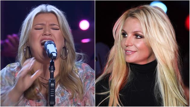 Kelly Clarkson performed a cover of Britney Spears’ 2008 single “Womanizer” during the “Kellyoke” segment on her talk show Wednesday. (Photo: Screenshot The Kelly Clarkson Show via YouTube/Ethan Miller via Getty Images)