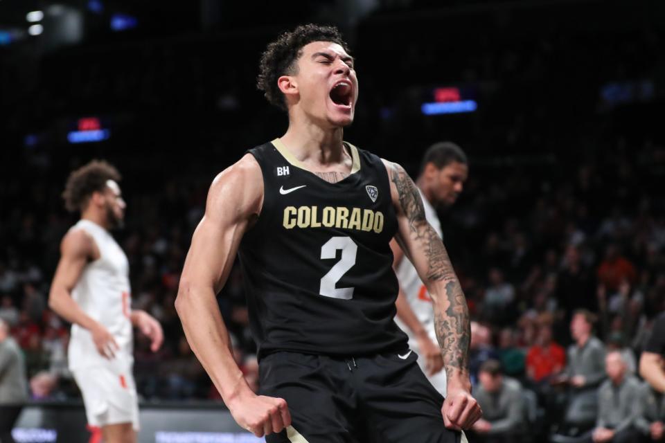 Colorado guard KJ Simpson celebrates after scoring in the second half against Miami at Barclays Center.