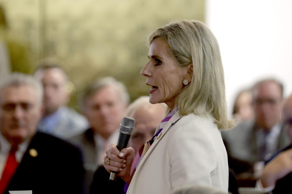 Rep. Kristin Baker, M.D. (R) speaks Tuesday, May 16, 2023, in Raleigh, N.C., as the North Carolina House members debate whether to override Democratic Gov. Roy Cooper's veto of a bill that would change the state's ban on nearly all abortions from those after 20 weeks of pregnancy to those after 12 weeks of pregnancy. Both the Senate and House had to complete successful override votes for the measure to be enacted into law. The Senate voted to override the veto earlier and the House also voted to override. (AP Photo/Chris Seward)