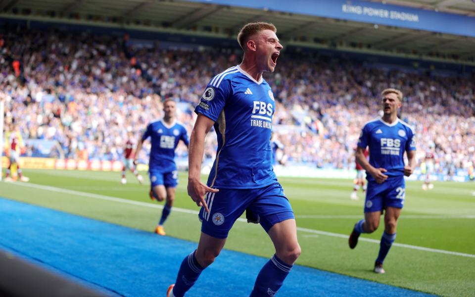 Harvey Barnes of Leicester City celebrates after scoring to make it 1-0 during the Premier League match between Leicester City and West Ham United at King Power Stadium on May 28, 2023 in Leicester, United Kingdom - Getty Images/Plumb Images