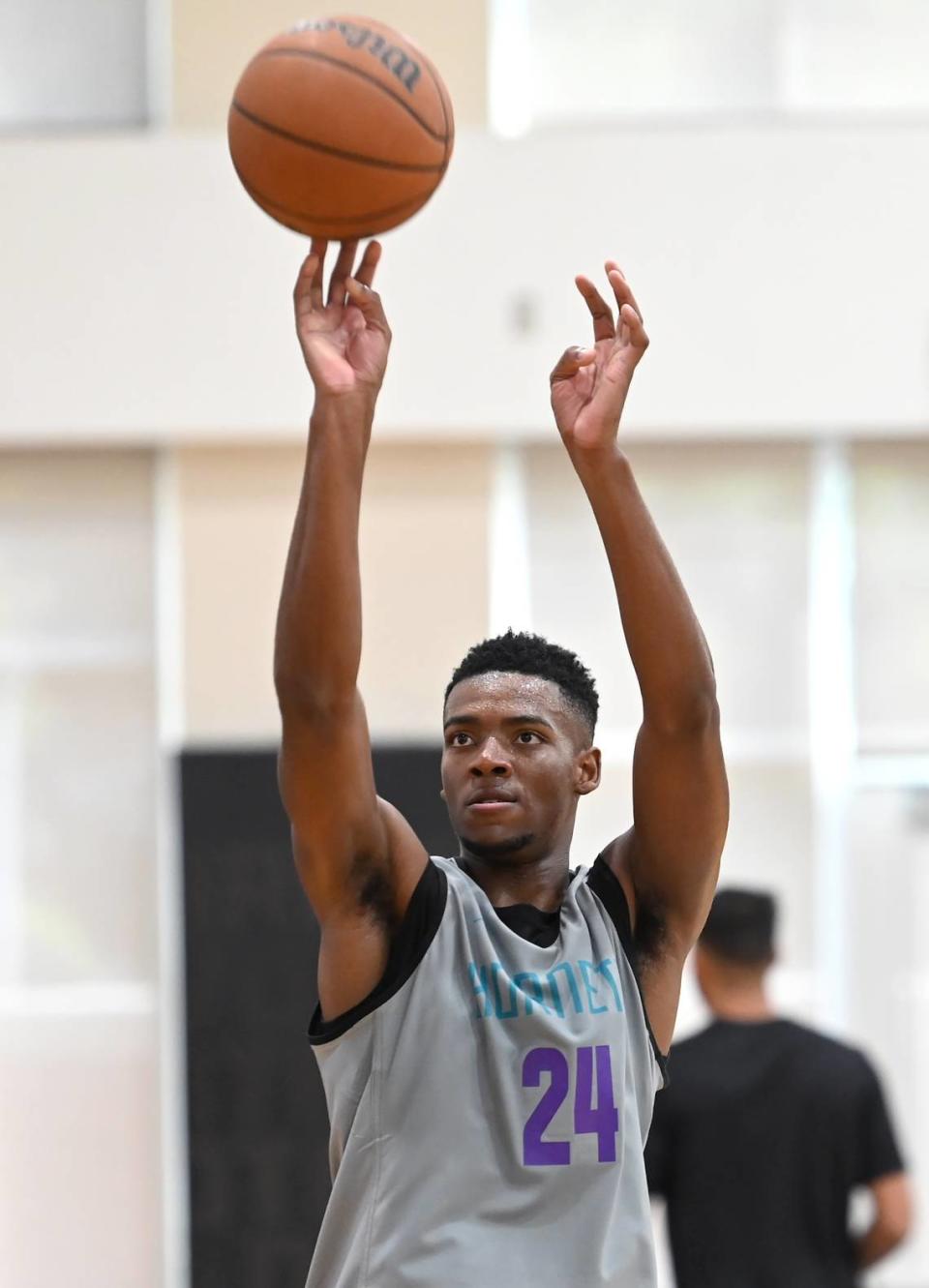 Charlotte Hornets rookie forward/guard Brandon Miller releases a jump shot during practice on Tuesday, October 3, 2023 at Spectrum Center in Charlotte, NC.