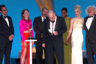 <p>Checkmate! The cast of <em>The Queen's Gambit</em> won the Emmy for outstanding limited or anthology series or movie. The elated group joined producer William Horberg on stage as he gave his acceptance speech.</p> <p>"This award is for the fans who told their friends, who became fans who told their friends: 'Dude, you got to watch the orphan girl chess drama,' " he said.</p> <p>"Thank you to Netflix, you guys did the rarest thing of all these days, you took a chance on risky material and you trusted the filmmakers," he continued before thanking the <em>Queen's Gambit</em> crew. </p>