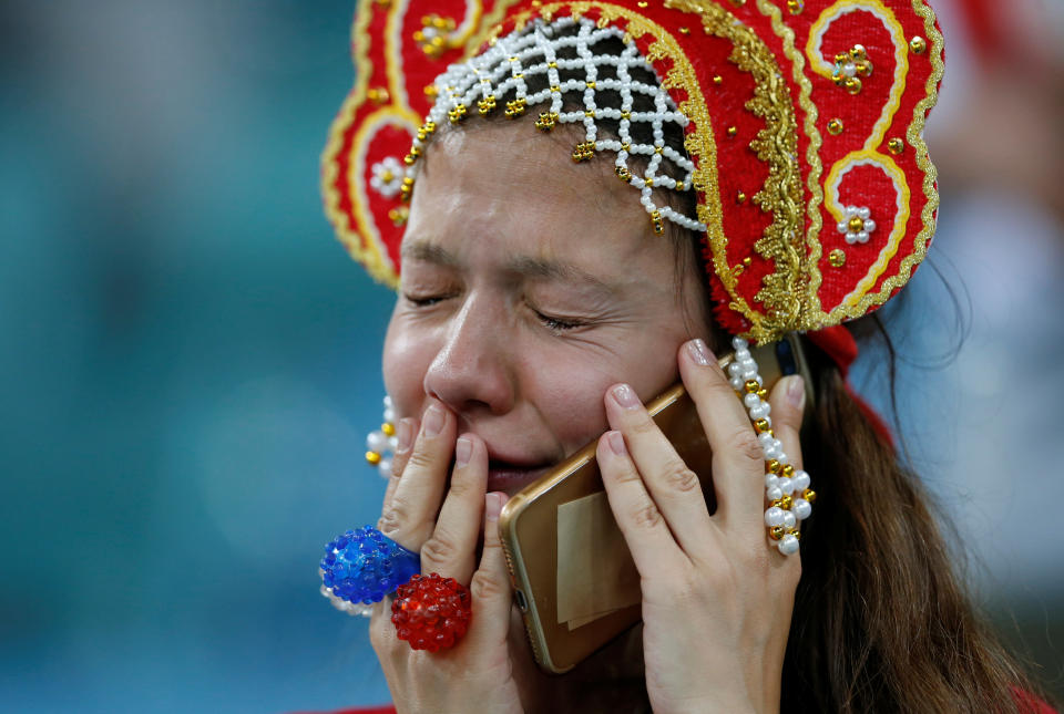 <p>A Russia fan cries after Russia’s loss in the quarterfinal match between Russia and Croatia at the 2018 soccer World Cup in the Fisht Stadium, in Sochi, Russia, Saturday, July 7, 2018. (AP Photo/Darko Bandic) </p>